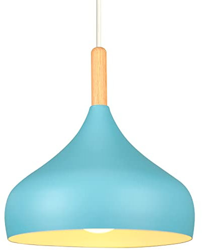 iDEGU Hängelampe Retro 24cm Hängeleuchte Moderne Skandinavisch E27 Deckenleuchte aus Metall Holz Pendelleuchte für Schlafzimmer Esszimmer Küche Wohnzimmer (Blau,1 Stück)