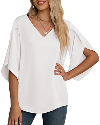 Yommay Damen Bluse Elegant V Ausschnitt Sommer T-Shirts Casual Leicht Chiffon Tunika Kurzarm Tops,Weiß,XL