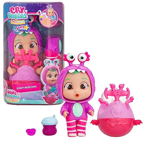 IMC Toys BEBÉS LLORONES LÁGRIMAS MÁGICAS Bubu Mini Babypuppe mit Monster-Pyjama, Tränen, Schleim und Springen mit ihrem Roller, Spielzeug für Jungen und Mädchen ab 3 Jahren