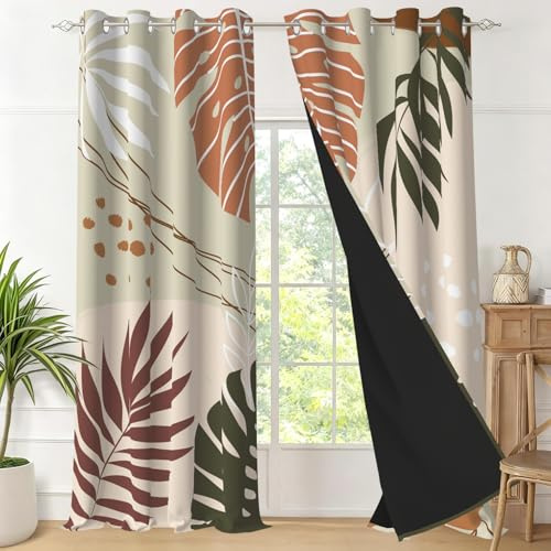 Uiiooazy Rideaux Tropical Thermiques Isolants Anti Chaleur 140x145cm | Rideaux Occultant Abstrait Feuilles de Palmier Vert Orange Anti Froid Rideaux à Oeillets pour Salon Chambre Cuisine Lot de 2