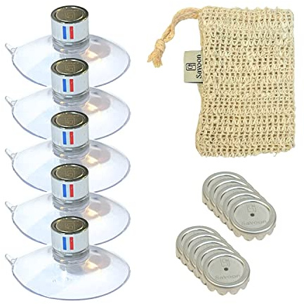 Lot de 5 Porte Savon Aimanté | Couleur Argenté | avec Drapeau France | à Ventouse | sans Perçage | en Acier Inoxydable | se Fixent sur Toutes Les Surfaces | Idéal pour Salle de Bain, Cuisine
