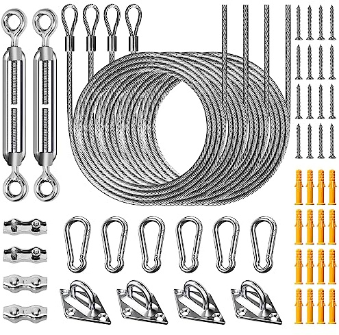 Duerer Kit fissaggio per tenda a vela ombreggiante 52 pezzi, 304 Acciaio Inox Installazione Accessori hardware per Vela Parasole da giardino Triangolare e Rettangolare, con M6 Tenditore + 2m filo