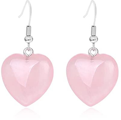 LODMLOER Natural Stone Earrings - Heart Pendant Drop Earring，Pink Purple Quartz Crystal Green Aventurine Amethyst Opal Turquoise Rose Quartz Dangle Women Party Wedding Jewelry,Rose Quartz