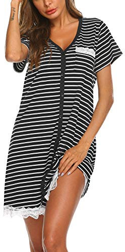 Ekouaer Chemise de Nuit Femme Manches Courtes Robe de Nuit Rayé Vêtements de Nuit été Dentelle, Ydf3, XXL