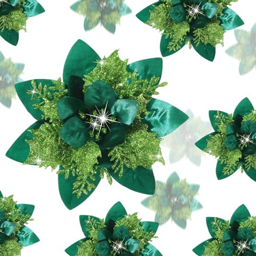 Geosar 36 Stück künstliche Weihnachtssterne mit Glitzer, Weihnachtsstern, künstliche Hochzeitsblumen, Dekorationen, Weihnachtsbaumschmuck mit Clips für Party, 15,2 cm, 10,2 cm, 7,6 cm (Grasgrün)
