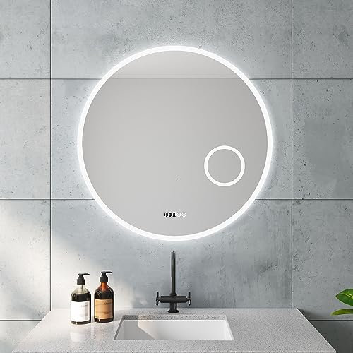 Runder Badspiegel mit LED Beleuchtung 80cm Uhr Kosmetikspiegel Beleuchtet Wandspiegel Lichtspiegel Badezimmerspiegel Bad Licht Kaltweiß Spiegel Spiegelheizung Touch Schalter Dimmbar für Wandschalter