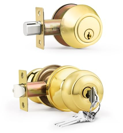Ensemble de boutons de porte d'entrée et pêne dormant à clés identiques, 1 lot de serrures de porte d'entrée avec pêne dormant à cylindre unique, ensemble de serrure de porte ronde plate en laiton