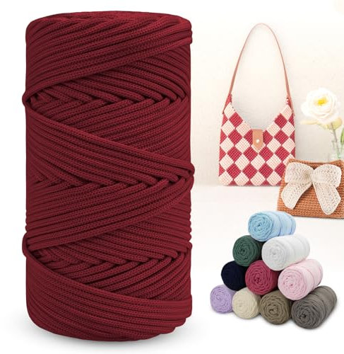 LEREATI Polyester Garn 150m Makramee Garn 4mm Geflochten Polyester-Seil Farbig Häkelgarn, Polyester Macrame Cord 4mm für Häkeltasche Umhängetasche Handtasche Geschenk Strickwaren (Weinrot)