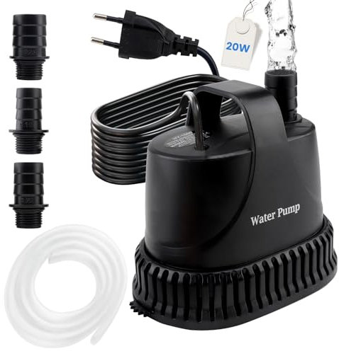 EXLECO Bomba Aguas Sucias Bomba Sumergible 1200L/H 20W 220V Bomba Achique Agua Pequeña Bomba de Fuente Exterior Bomba de Presion de Agua para Piscina Estanque Jardin, 2M Cable 1 Manguera 2 Boquillas