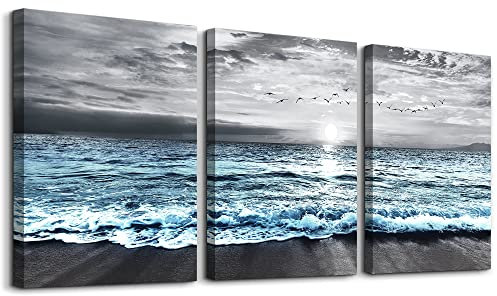 MHARTK66 Sonnenaufgang Bilder Grau Blau Strand Vogelschwarm Leinwandbild, Meer Ozean Landschaft Modern Kunstdruck Deko Wandbilder Wohnzimmer Schlafzimmer Büro Esszimmer und Badezimmer