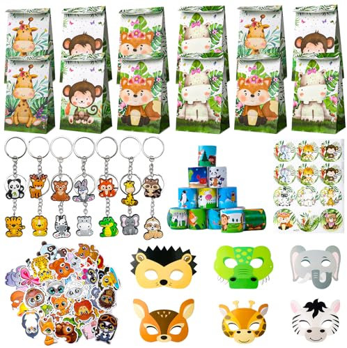 98Pcs Animale Compleanno Regalo Bambini, Animale Tema Regalo Borsa Braccialetti Festa Portachiavi Maschera di Carta Adesivi Bambini, Giungla Festa Accessori Regalo, Per Ragazza Ragazzo Regalo Inviti