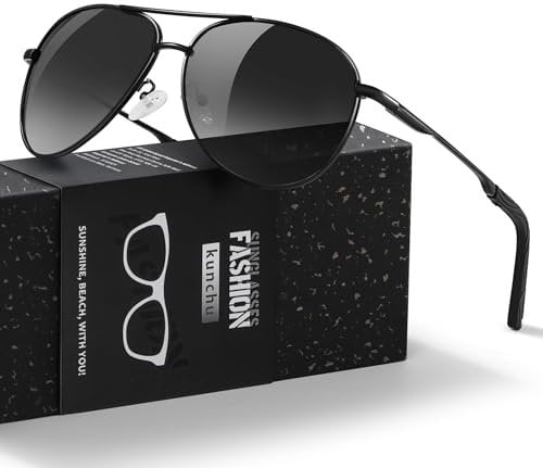 kunchu Pilot Sunglasses Mens Polarized Sunglasses Unisex UV400 Protection Black Driving, Fishing,Running Classic Ultra Light Shades Black