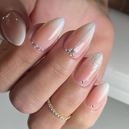 JUSTOTRY 24 Pcs Glitter Almond Press on Nails Short with Diamond Designs,White and Nude False Nails Oval,French Stick on Nails for Women and Teens,Pretty Fake Nail for Nail Art
