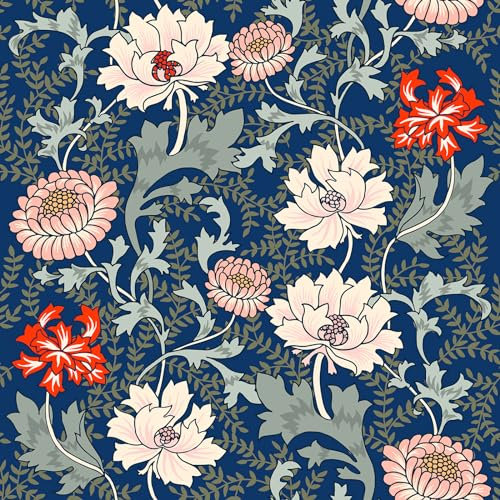 ReWallpaper Peel and Stick Wallpaper Blue Floral Vintage Vinyl Wrap for Furniture Pattern Floral Pink Blue Wall Paper Self Adhesive Wallpaper for Living Room Navy 44.5cmx3m Contact Paper Drawers