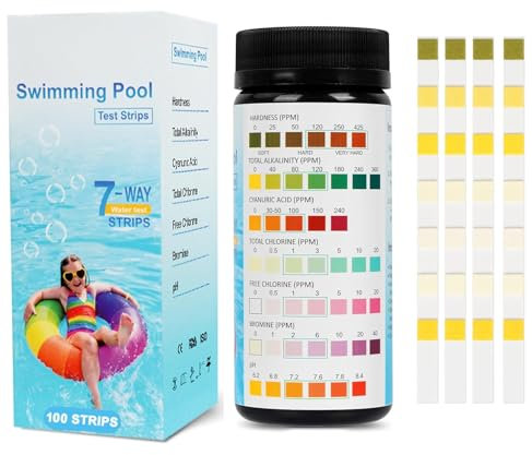 QYDMIN 7-in-1 Pool-Teststreifen für Spa, 100 Stück Tester PH Und Chlor Wasserhärte Teststreifen PH Wert Teststreifen für pH Gesamt Wasserhärte Gesamtchlor Freies Chlor Gesamtalkalität Brom Cyanursäure