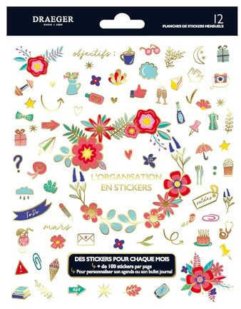 DRAEGER PARIS - Organisational Sticker Book - 12 sheets 15.5 x 20 cm - 100 stickers and trackers - FSC® certified paper - Vegetable-based inks