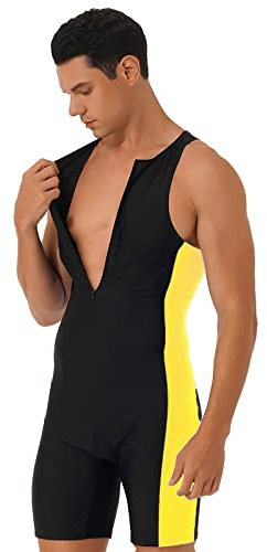 IUERVPS Costume da Bagno da Uomo, Costume Intero, Scollo Tondo, Senza Maniche, Pantaloncini Laterali, Body, Muta da Triathlon, for Spiaggia, Piscina, Nuoto(Black Yellow1,L)