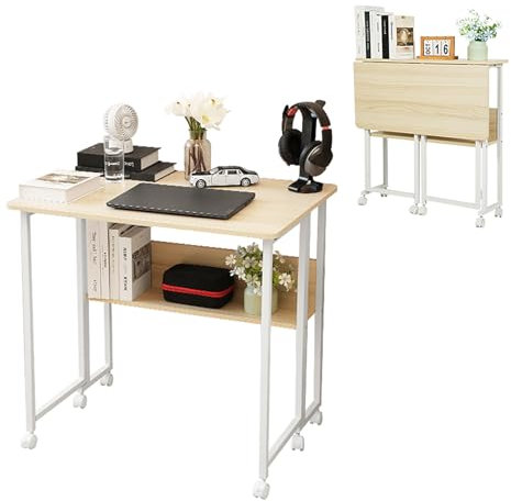 Schreibtisch Klappbar Klein, Klappschreibtisch mit Rollen 80cm Breit, Kleiner Cmputertisch mit regal, Faltbar Klapptisch Arbeitstisch für Home Office, Platzsparend, Industrie Design (Ahorn Farbe)