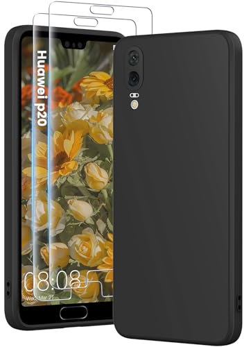 HuwaiH 3 in 1 Hülle für Huawei P20, mit 2 Stück 9H 0.33mm Panzerglas, Upgraded Kameraschutz, Kratzfeste Stoßfeste Handyhülle für Huawei P20(Tiefschwarz)