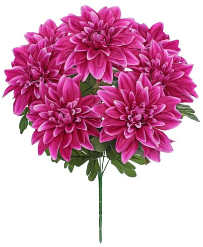 Hollyone Ramo de dalias fucsia, flores artificiales grandes de 4.7 pulgadas, 7 cabezas de flores de dalia, ramo de flores falsas de seda para arreglos florales, decoración del hogar, boda, fiesta