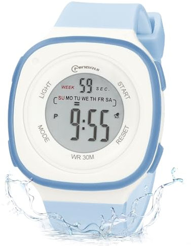 OFFCUP Digital Uhren für Kinder, Wasserdicht Kinderuhr Digital, Kinder PU Armbanduhr Sports Outdoor Digitaluhr mit Wecker Datum Stoppuhr Led Lichter Uhr -Blau