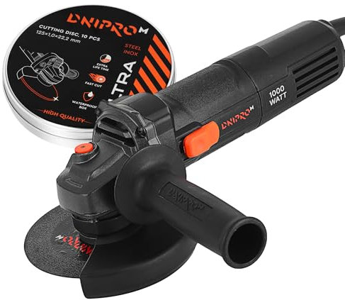 Dnipro-M Amoladora Angular GS-100S 125mm 1000W con Velocidad Regulable, Radial Pequeña y Disco Amoladora 125 Metal 10Pcs, Herramientas Eléctricas Rebarbadora, Amoladora Eléctrica Compacta Profesional