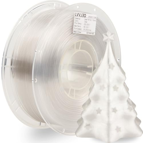 LVVJ3D PETG Filament 1.75mm Transparent– High-Toughness PETG 3D Printer Filament, Dimensional Accuracy +/- 0.03mm, FDM Printer Compatible, Clear 1kg/Spule