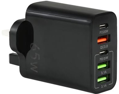 USB Plug Charger, 65W 5-Port Multi Charging Power Adapter with PD 25W Power Adapter QC 3.0 Fast Charging Plug for iPhone Samsung Galaxy, Huawei, Tablet (Black)