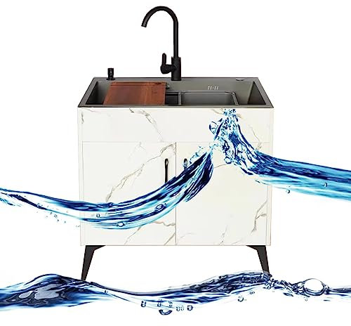 Fregadero Comercial de un Solo tazón, Fregadero de Servicio Independiente, Fregadero Blanco con Grifo de Agua fría y Caliente y Estante de Almacenamiento con escurridor, Unidad par