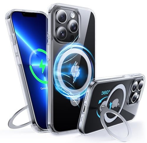 FNDMIL 360° Rotatable Magnetic Ring for iPhone 13 Pro Case with MagSafe | [Non-slip Texture Edge][Built-in Kickstand][Military Shockproof][Anti-Yellowing] Transparent Soft Silicone Bumper Slim,Clear
