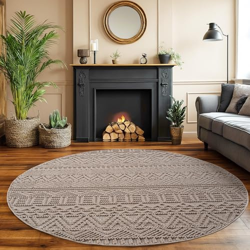 SIMPEX Teppich Rund 80 cm Beige Vintage Design Bouclé Schlingenflor Skandi Stil Modern Weich Strapazierfähig Pflegeleicht runder Teppich für Wohnzimmer Beistelltisch Schlafzimmer