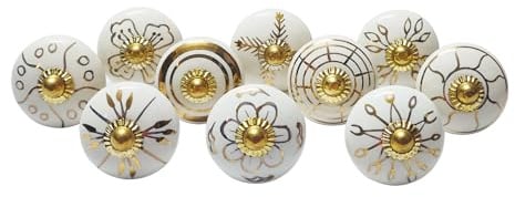 Royal Kraft Vintage Golden and White Printed Ceramic Pull Knobs for Kitchen Cabinet, Door & Drawer, Wardrobe, Cupboard (Set of 10) Sknob028