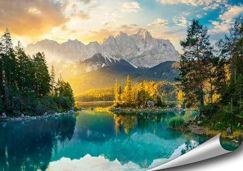 4FINO Berge Poster Natur Bilder Foto Kunstdruck Wandbild Moderne Wand Dekoration Wohnzimmer Schlafzimmer Küche (Eibsee & Zugspitze, 70 cm x 50 cm, ohne Rahmen)