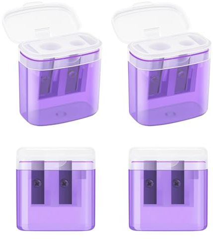 JEFURE Doppelloch Anspitzer mit Behälter, 4 Stück, Lila | Handheld Bleistiftspitzer für Dicke und Dünne Stifte, mit Deckel, Pencil Sharpener für Schule, Büro und Zuhause
