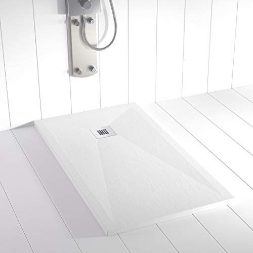 Receveur de douche en résine PLES Blanc 90x90 – Texture ardoise – Antidérapant – Grille et siphon inclus