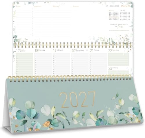 Häfft Wochen-Tischkalender 2027 quer zum Aufstellen - für DE & AT | 1 Woche 2 Seiten, Wochenplaner Schreibtisch-Kalender Wochenkalender mit Sprüchen & Planungs-Hilfen Minty Leaves
