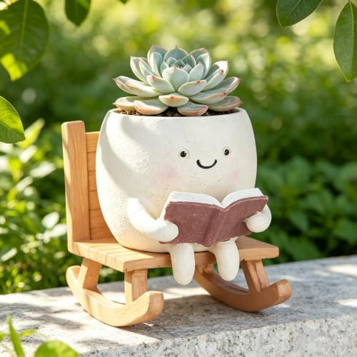 e-YiHESZ Rocking Chair Smiley Face Planter with Drainage Hole (1pcs type8)