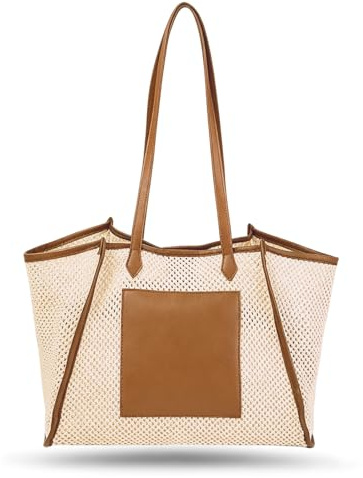 BSITSSS Straw Beach Bag for Women, Brown Boho Woven Tote Bag, Straw Handbag with Long Strap Crochet Bags for Summer Beach Vocation Travel Holiday Picnic Shopping Daily Use