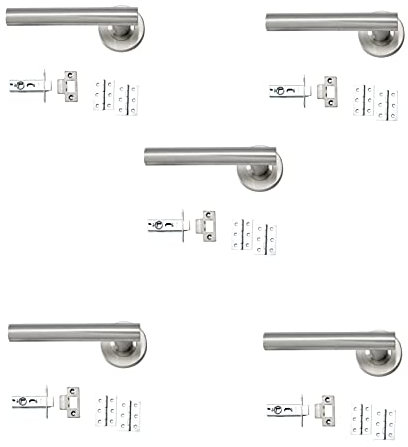 IRONZONE® 5 Sets of Quality Straight Door Handle Packs Internal C/w Latches Hinges Straight Lever Furniture Stainless Steel for Internal use on 35-44mm Doors, Residential and Commercial Properties