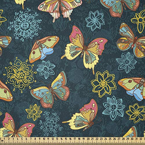 ABAKUHAUS Blumen Stoff als Meterware, Schmetterlinge und Blumen, ausdehnbar mit Elestan für Heimwerkarbeiten und Näharbeiten, 1Meter, Blau Gelb