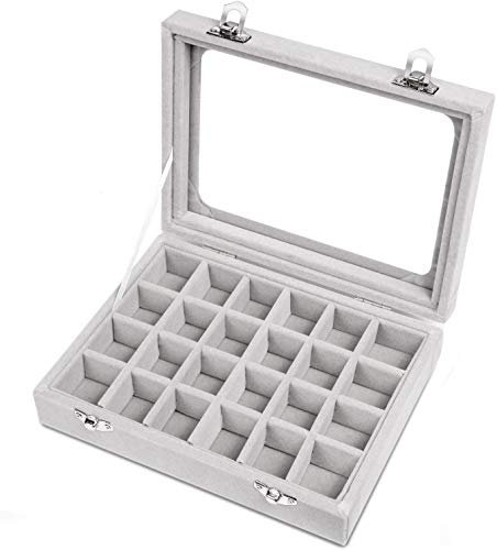 GOODGDN Samt 24 fächer Schmuckkasten,schmucklade Damen Schmuckkästchen mit Glasdeckel,Schmuckständer Aufbewahrungsbox für Ringe Ohrringe(Grau)