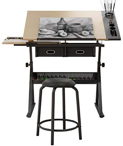 Soges Mesa de Dibujo Ajustable y Pintura - Estación de Artesanía Con Tablero Inclinable y Taburete S1-CZKLD-026