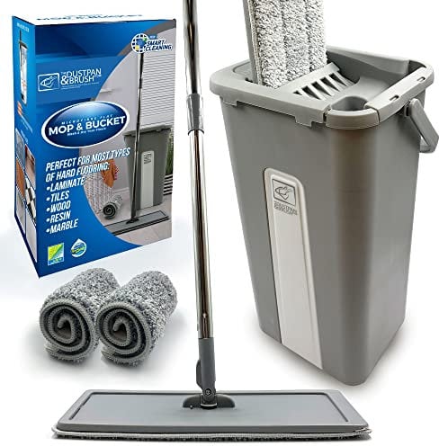 TDBS The Dustpan and Brush Store Floor Mop Bucket Set − Easy Squeeze Bucket, Flat with 2-Pack Replacement Microfibre Pads for All Floors Types, Grey