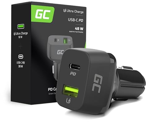 Green Cell KFZ-Ladegerät 2-Port Zigarettenanzünder USB Auto Adapter Handy Ladegerät Car Charger Power Delivery Ultra Charge kompatibel mit iPhone Samsung Xiaomi GPS (48W, USB-C USB-A)