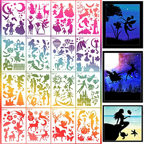 Schablonen Kinder Bastelarbeiten,16 Stück Wiederverwendbare Malen auf Holz Traum DIY Tierschablonen Handwerk Scrapbooking Tiermalerei Fantasy-Silhouette Kunstbedarf