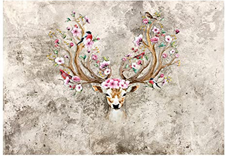 Fototapete Hirsch Mädchen Blumen Kinderzimmer Märchen Wandtapete Vlies Tapete Latexdruck UV-Beständig Geruchsfrei Hohe Auflösung Montagefertig (14081, VEXL (208x146 cm) 2 Bahnen)