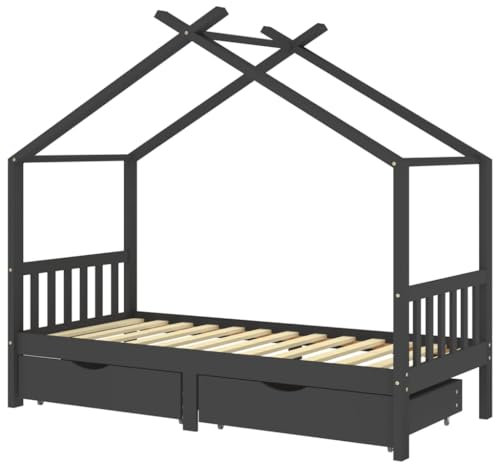 vidaXL Kiefernholz Massiv Kinderbett mit Schubladen Baumhaus-Stil Kinderhaus Hausbett Bett Lattenrost Holzbett Bettgestell Kinderzimmer Dunkelgrau 90x200cm