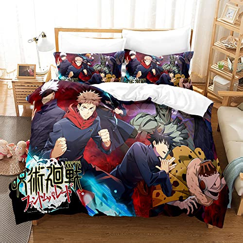 PTNQAZ Anime Jujutsu Kaisen Bettwäsche-Set für Jungen, 3D-Druck, Bettbezüge mit Kissenbezügen, Kinder-Bettbezug (Einzelbett, 1)