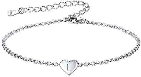 FOCALOOK 925 Sterling Silber Armkettchen L Initialer Buchstabe Herzarmkettchen Armband mit kleinem Herz-Schmuckanhänger Armkette für die Beste Freundin/Frauen/Mädchen