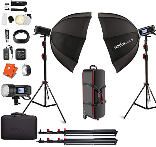 GODOX AD400 Pro Twin Studio Portable Flash Kit with AD-S85S Silver 85cm Softboxes, 400Ws Flash with TTL HSS 1/8000th High Speed Portable Flash System + 12 Month Extended Warranty Card (3 Yrs)